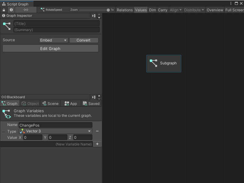 An image of the Graph window, showing a new blank Subgraph node added to a Script Graph