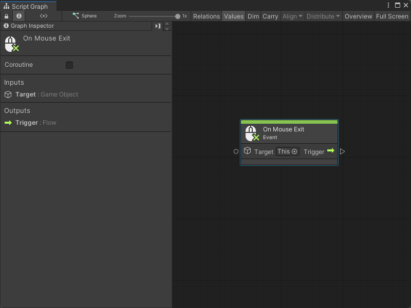 An image of the Graph window. An On Mouse Exit node displays with its details in the Graph Inspector.