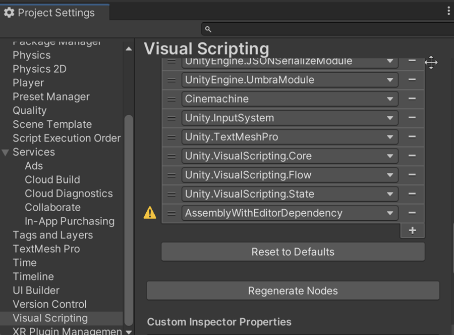 An example of a flagged package in the Visual Scripting project settings tab