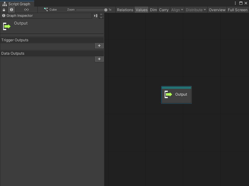 An image of the Graph window that displays a default Output node and the Graph Inspector.